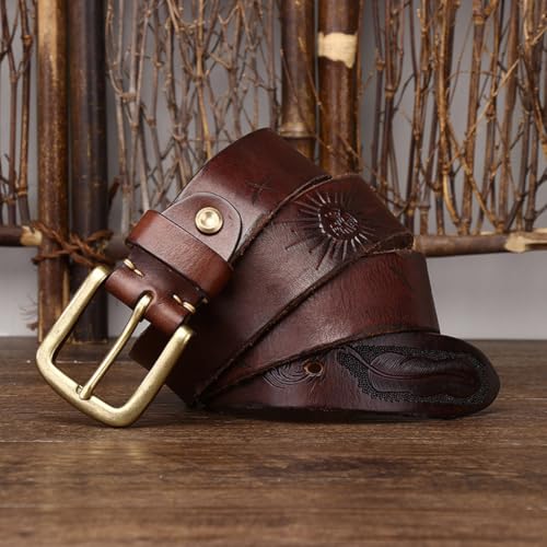 Men's Women's Vintage Leather Embossed Belt, Genuine Top-Grain Cowhide with Carved Feathers Western Pattern Waist Strap(115cm/45, Reddish Brown)3