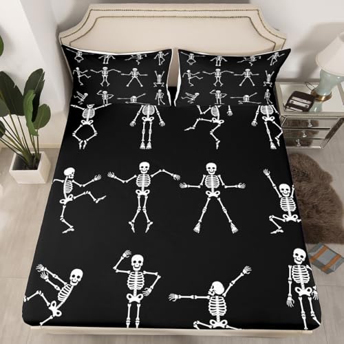 Erosebridal Sugar Skull Sheet Set Twin Size Skeleton Bones Bedding Set for Kids Boys Girls Teens Adult Halloween Horror Theme Fitted Sheet Gothic Spooky Bed Sheet Wrinkle Bedclothes(No Flat Sheet)