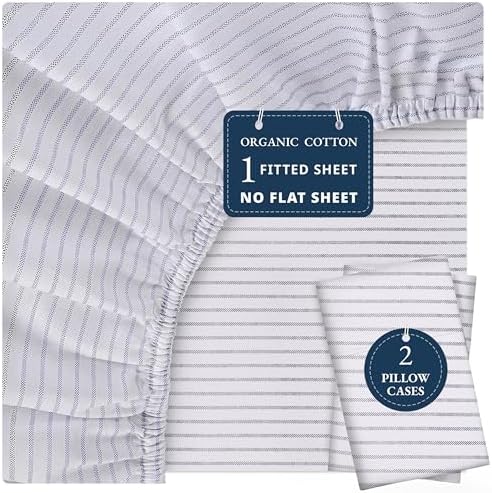 LANE LINEN 100% Organic Cotton Only Fitted Sheet Queen (Includes Pillowcases), 3 PC Set Soft Percale Weave, Queen Size, Soft, Breathable, Printed Fitted Fits Mattress Upto 15" Deep - Ticking Stripe - Thumbnail 3