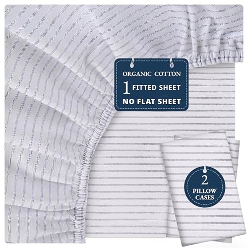 Image of LANE LINEN Super King Fitted Sheet – Organic Cotton, Soft & Lightweight, 35cm Extra Deep Pocket with 2 Pillowcases, Snug Fit Bottom Sheet - Ticking Stripe Blue