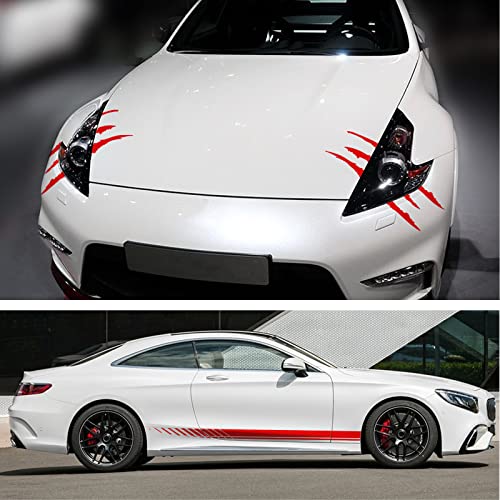 Ramuel Universal Car Auto Body Side Decals Racing Stripe Side Door Sticker Strip Vinyl Decoration Cars Accessories With Rearview Mirror Sticker, Claw Scratch Marks Headlight Decals (Red) #TOP3