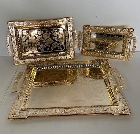 Luxury Linen Beautiful Decorative 3 Pieces Stainless Steel Tea & Coffee Serving Tray Gold Plated Serving Tray Rectangle Platter Glossy,Party Serving with Metal Handles New (2233)