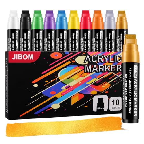 10 Colors Jumbo Acrylic Paint Markers (2 Metallic), 15mm Extra Large Felt Tip Thick Paint Pens for Rock, Wood, Ceramic, Glass, Canvas, Eggs,Pumpkins, Poster Painting Vibrant, Long Lasting Art Supplies