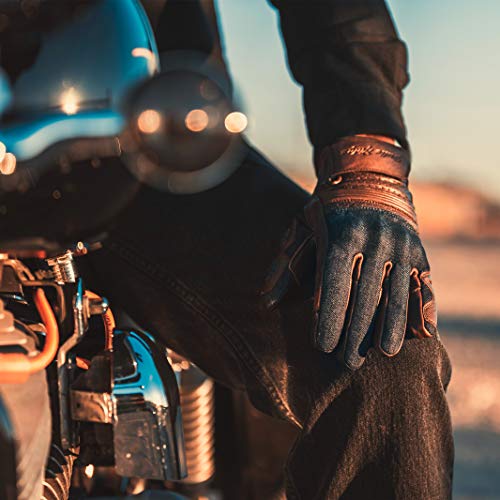 Indie Ridge Denim & Leather Motorcycle Gloves (Brown) With Mobile Phone Touchscreen (Medium) #TOP3