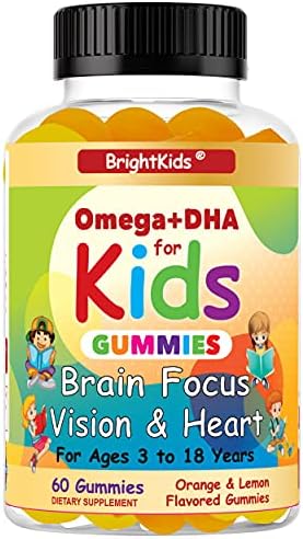 BrightKids Omega+DHA Gummies for Kids & Teens – Vegetarian, Non-GMO Brain Focus & Memory Support – Omega-3 Gummies for Children (60 ct) – Supports Vision, Heart, Learning & Concentration