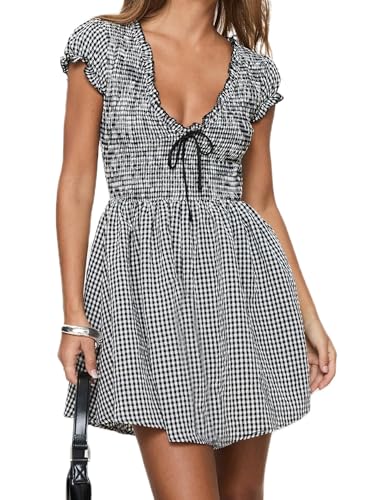 Image of Women Y2k Puff Sleeve Babydoll Dresses Square Neck Tie Back Mini Dress Summer Solid Off Shoulder Flowy Sundress