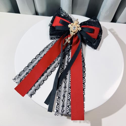 Image of Lace Ribbon Bow Tie Brooch Rhinestone Pearl Necktie for Girl Women Fashion jabot collar brooch pins Pre-Tied Corsage
