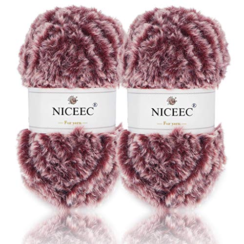 Image of NICEEC 2 Skeins Faux Fur Yarn Super Soft, Chunky & Fluffy, Eyelash Yarn for Crochet & Knitting (Total Length 70yds,3.53oz) - Wine Red with White