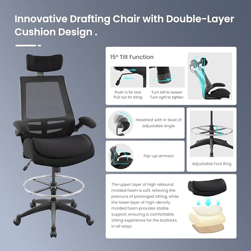 Image of BOLISS Big and Tall Drafting Chair 400lbs - High Back Ergonomic Office Chair for Standing Desk with Double Thick Seat Cushion, Adjustable Foot Ring, Lumbar Support & Flip Up Armrests (Black)