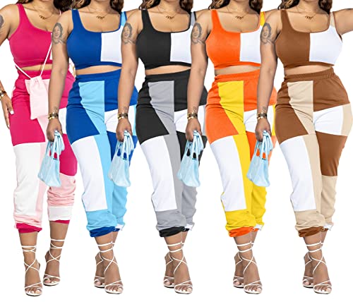 Salimdy Women's 2 Piece Outfits Colorblock Tank Crop Top And Elastic Waistband Jogger Set Pink Small #TOP2