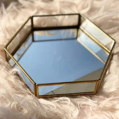 Image of Art India Collections Vintage Glass Jewelry Tray, Hexagonal Home Decor Makeup Organizer, Vanity Tray - Brass Gold 8x9x1.5