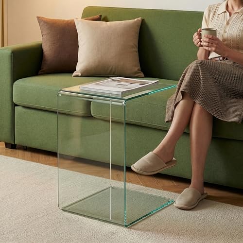 [en.casa] Tavolino Laterale a Forma di C Tavolo Basso da Divano Letto Poltrona con Piano Quadrato per Soggiorno Salotto Camera da Letto in Vetro Temperato 60 x 40 x 40 cm - Trasparente