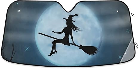 Halloween Witch Moon Star Car Windshield Sun Shade Block UV Rays Sun Visor Protector Accordion Folding Sunshade Keep Vehicle Cool & Damage Free, Easy to Use, Fits Windshields of Various Sizes