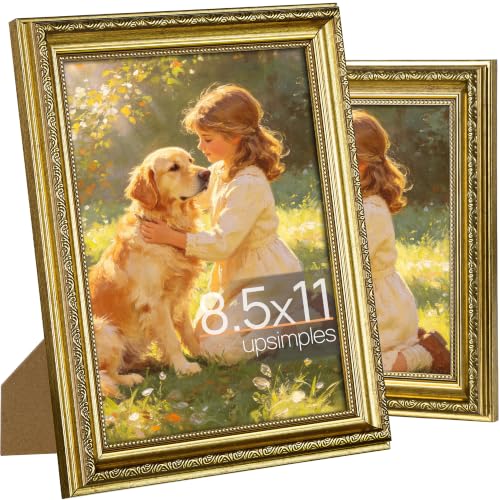 Image of upsimples Vintage 8.5 by 11 Picture Frame, Antique Gold Frames, 2 Pack | Gold Picture Frames, Fits 8.5 x 11 Photos, Elegant Vintage Design, Wall or Tabletop Decor, for Wedding or Family Memorie