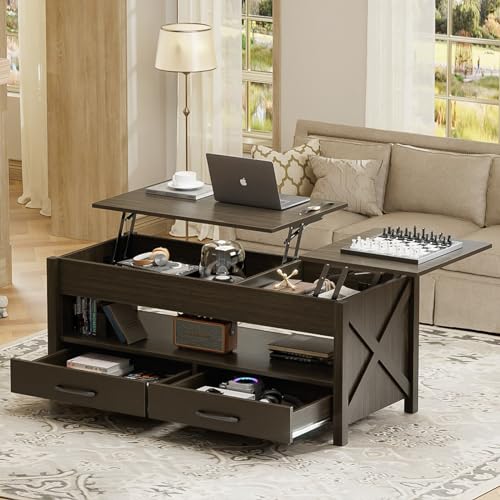 VEELOK Lift Top Coffee Table for Living Room with Hidden Storage Compartment 2 Lift Tabletops Drawers and Shelf Modern Farmhouse Center Table, 47.2" Wood Rising Coffee Table, 475LBS Max Weight, Black VEELOK Lift Top Coffee Table for Living Room with Hidden Storage Compartment 2 Lift Tabletops Drawers and Shelf Modern Farmhouse Center Table, 47.2" Wood Rising Coffee Table, 475LBS Max Weight, Black