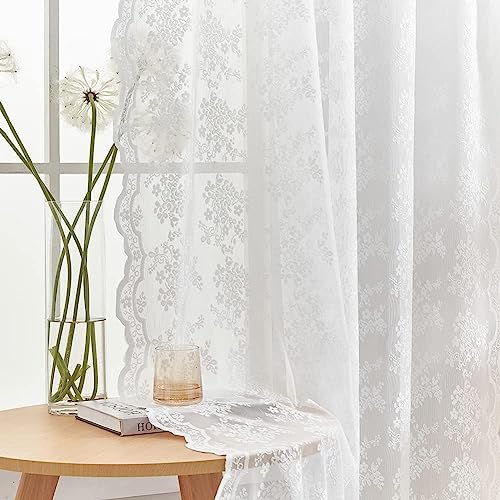YJ YANJUN White Lace Curtains 102 inch Long 2 Panels Cottagecore Vibe Floral Sheer Curtains for Bedroom Sliding Glass Door Light Filtering Bohemian Farmhouse Country Decor W52 X L102