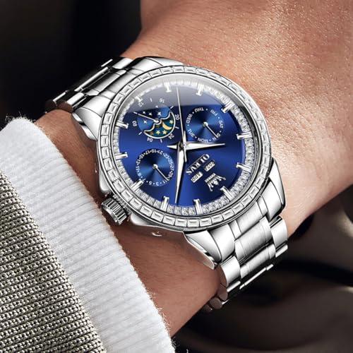 Image of OPK Men Analog Automatic Watches Waterproof Multifunction Chronograph Diamond Moon Phase Luminous Stainless Steel Band Wrist Watches