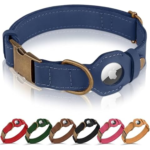 BUDKAS AirTag Dog Collar - Genuine Leather Dog Collar with Apple AirTag Holder and Metal Buckle - Smart GPS Tracking Pet Collars for Small Medium Large Dogs Puppy (Smoky Blue, S, 12"-15" Neck Fit) Cover