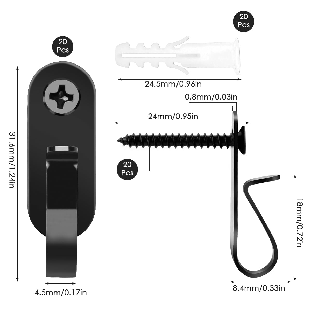 OTYMIOW 20 PCS String Lights Hanger Hooks, Stainless Steel Lights Clips, Screw-in Hooks, Screw Hooks for Hanging Outdoor String Light Hooks for Outside Patio Lights, Christmas Lights, Black