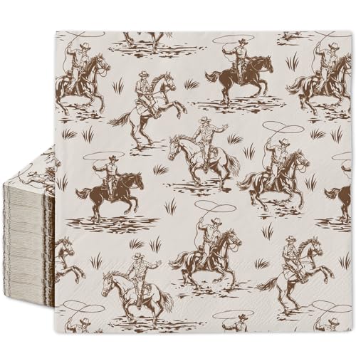 FYSUIMU 50Pcs Western Cowboy Paper Napkins Disposable Luncheon Napkins Brown Wild West Rodeo Dessert Dinner Hand Napkin for Birthday Baby Shower Theme Party
