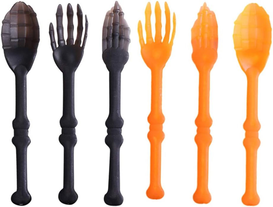DOITOOL 6 PCS Halloween Tableware Forks and Spoons Set Plastic Skeleton Hands Salad