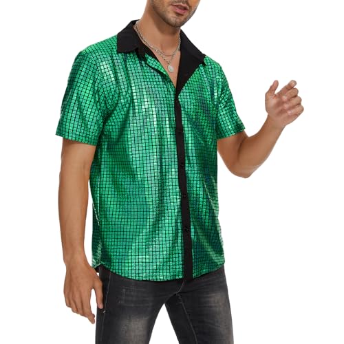 Image of Zando Men's Sequin 70s 80s Disco Shirt - Retro Short Sleeve Button Up Costume Halloween New Year Party Outfit Top & Clubwear