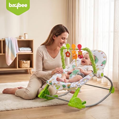 Image of Baybee 2 in 1 Baby Rocker & Bouncer, 3-Position Recline, Soothing Music, Removable Hanging Toys, Soft Cushioned Seat & Safety Harness, Rocking Chair for Newborn 0-3 Years (Green)