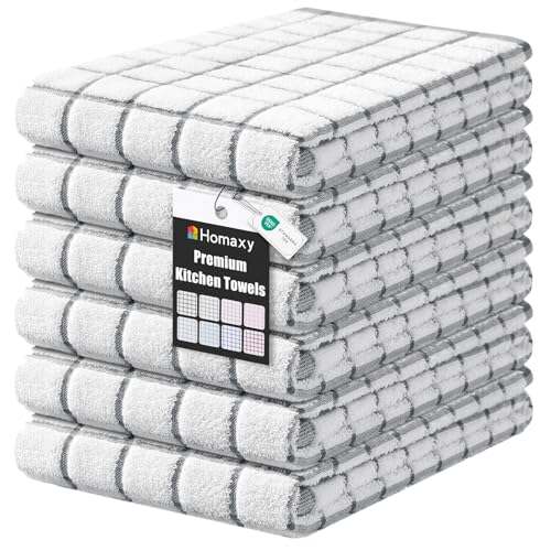Homaxy Premium Kitchen Towels(16”x 28”, 6 Pack), Large Ring Spun Cotton Dish Towels, Super Absorbent Soft Terry Kitchen Hand Towels, Check Design Tea Towel Set with Hanging Loop, Grey