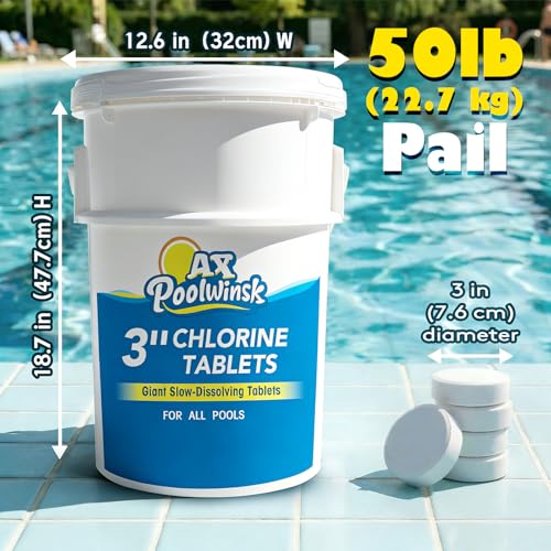 Image of 3 Inch Chlorine Tablets 50 lbs, 99% Trichlor, 90% Available Chlorine, Slow Dissolving Stabilized Pool Sanitizer, Kills Bacteria & Controls Algae for Swimming Pools - 50 Pound