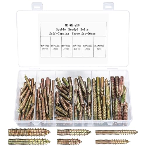 90 Piezas Tornillos para Colgar Roscados M6 M8 M10, Tornillos de Doble Cabeza, Tornillos Prisioneros, Tornillos Autorroscantes Acero Galvanizado para Conexión de Madera, 30/40/50 mm
