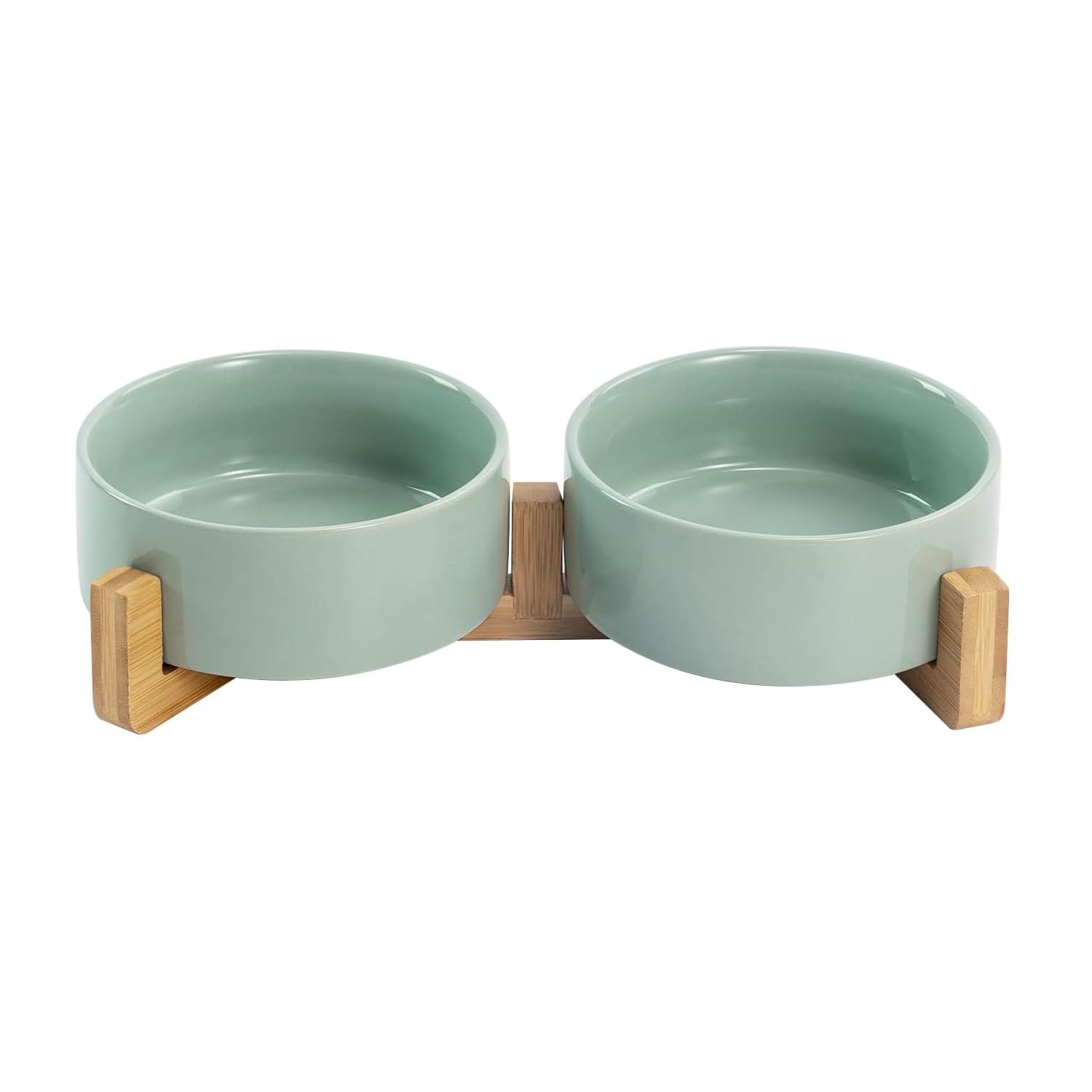 SPUNKYJUNKY Ceramic Dog and Cat Bowl Set with Wooden Stand, Modern Cute Weighted Food Water Set for Small Size Dogs (13.5OZ) & Medium Sized Dogs (28.7OZ) & Cats (1.7 Cups, 2 × Light Green)