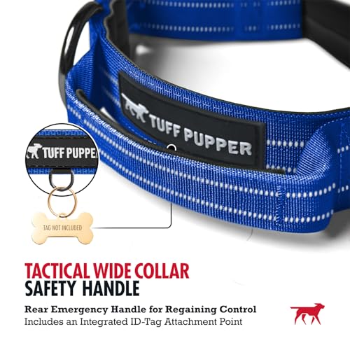 Image of Tuff Pupper Tactical Dog Collar | Heavy Duty 1.5 inch Wide Ballistic Nylon | Training Control Handle | Quick-Release Metal Buckle | Reflective Bands | ID Tag Holder | Padded Inner Lining (Blue, Large)