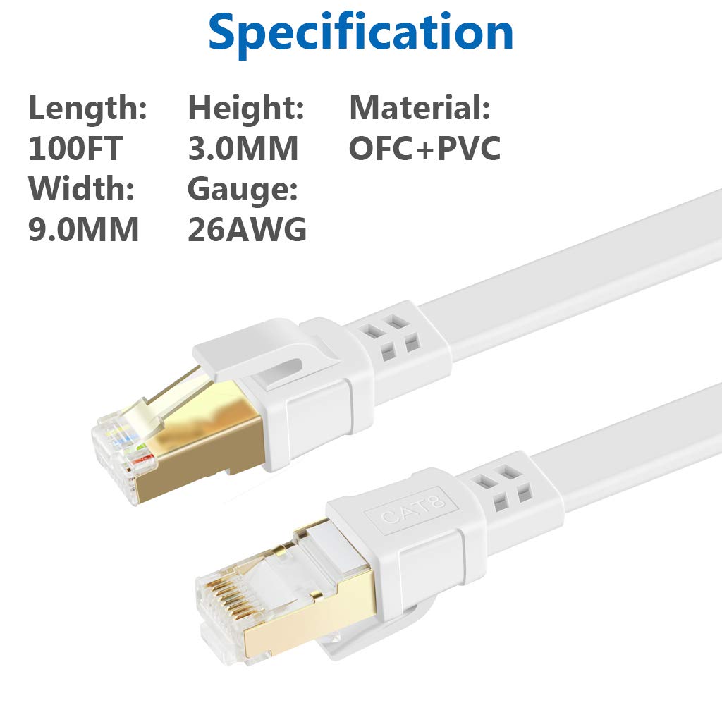 Cable Ethernet Cat 8 de 100 pies, cable plano de red de Internet RJ45, blindado de alta velocidad, 2000 MHz, 40 Gbps, cables de conexión LAN para exteriores, juegos, Xbox, PS4, router, compatible con