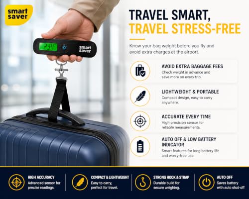 Image of Smart Saver Weight Machine for Luggage - 50 kg capacity, Black Steel body, 1 Year replacement - Digital Portable Electronic Luggage Weighing Scale for home, travel, flights, bags (Upto 50 kg)