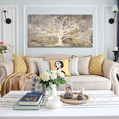 Abstract Tree Of Life Canvas Wall Art Grey White Beige Paintings Modern Abstract Forest Rustic Pictures Artwork For Living Room Bedroom Office Large Framed Decoration 40X20 In #TOP1
