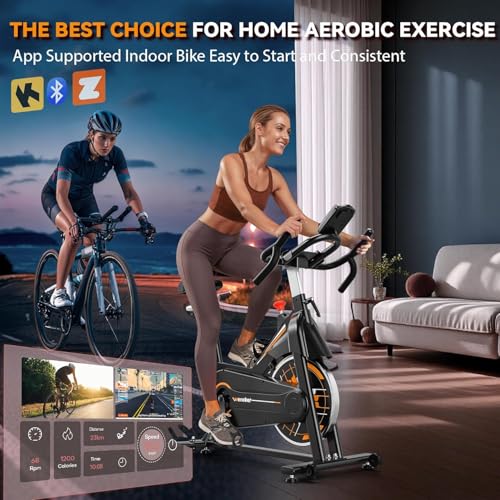 Image of Wenoker Exercise Bike,Indoor Spin Bike with Adjustable Resistance Bluetooth Fitness App, 350 LBS Heavy Duty Frame,Smooth Quiet Belt Drive, Adjustable Handlebars & Seat with Transport Wheels