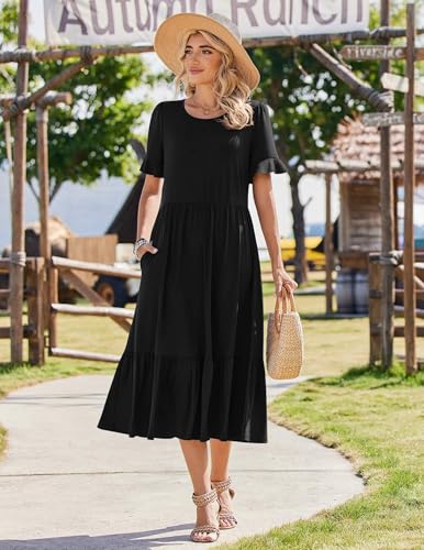 Image of Zeagoo Womens Summer Dresses 2026 Casual Midi Dress Flowy Sundress Ruffle Short Sleeve Tiered Dresses A Line Boho Dress