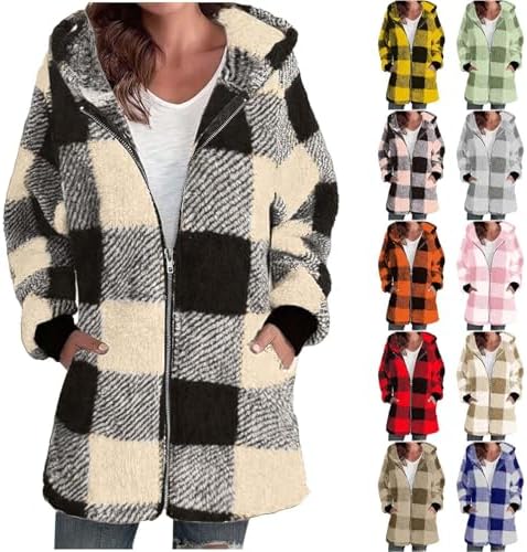 Womens Fleece Zip Up Jacket with Hood Sherpa Fuzzy Long Plaid Jackets Heavyweight Winter Cozy Loose Checkered Shacket