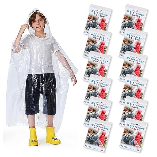 Einweg-Regenponcho – 12 Stück wasserdichte Notfall-Regenmäntel – Kapuze und Ärmel – Kinder, farblos, Einheitsgröße Einweg-Regenponcho – 12 Stück wasserdichte Notfall-Regenmäntel – Kapuze und Ärmel – Kinder, farblos, Einheitsgröße