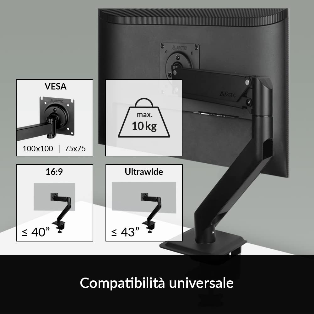 ARCTIC X1-3D - Braccio Monitor con Gas Estensibile per Un Solo Monitor, Supporto per Monitor Fino a 40"/43" Ultrawide, Fino a 10 kg/22 Ibs, con Gestione dei Cavi, inclinazione, Girevole - Nero