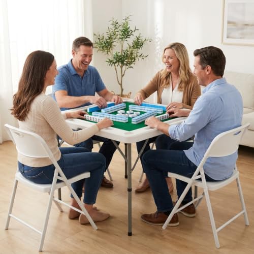 Image of Byliable 34.6 inch Folding Mahjong Table, Portable Game Table with Cup Holders | Foldable design, carry handle, 4 cup holders, 4 storage slots, HDPE tabletop, steel legs, quiet playing mat