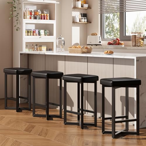 IDEALHOUSE Bar Stools Set of 4 24.6 Counter Height Backless Barstools Upholstered PU Leather Seats with Metal X-Frame & Footrest Modern Kitchen Stools for Home Bar Dining Room Black