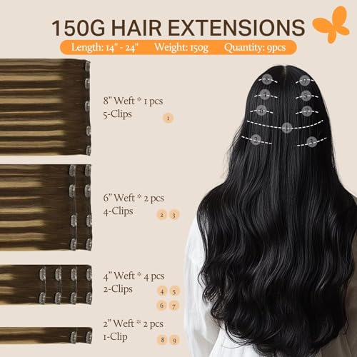 Image of DOORES Human Hair Extensions Clip in, Balayage Chocolate Brown to Caramel Blonde 150g 9pcs 14 Inch, Real Remy Natural Hair Extensions
