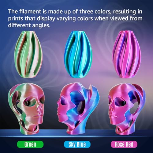 Image of Silk Triple Color PLA+ 3D Printer Filament 1.75mm, No Tangle Shiny Filament Net Weight 250g Spool (0.55lbs), 3-in-1 Silk PLA Pro Plus, Rose Red+Sky Blue+Green