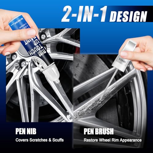 Image of Silver Rim Touch Up Paint, 2-in-1 Brush & Tip, 0.4 fl oz - Universal Silver Rim Curb Rash Repair Kit for Scratches, Scuffs Alloy /Metal Wheels, OEM Color Match, Quick-Dry & Long-Lasting