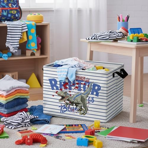 Image of Kid Dinosaur Storage Basket, Blue Striped Tyrannosaurus Rex | Rectangular, Collapsible, Room Decor, Nursery Gift Basket, Baby