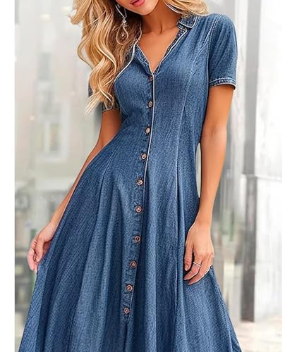 Sexyshine Women's Button Down Denim Shirt Dress Summer Short Sleeve Lapel V Neck Tunic A Line Swing Pleated Maxi Dress4