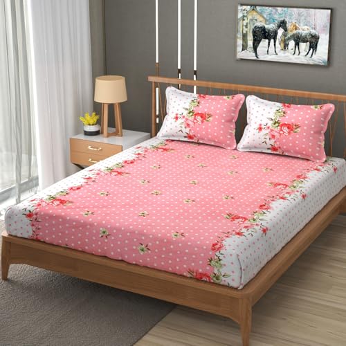 Image of Premium Heavy Cotton Elastic Fitted Bedsheets with 2 King Size Pillow Covers || Double Bed with All Around Elastic 350 TC || 72 x 78 x 10 Inch King Size Fitted || - Pink Dot