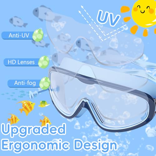 Image of PROBEROS Swimming Goggles and Cap Set for Kids, Anti Fog, Dinosaur Blue | Fog Control for Clear Views, Silicone Seal for a Comfortable Fit, Soft Silicone Cap, Large Frame, Pool Practice for Beginners
