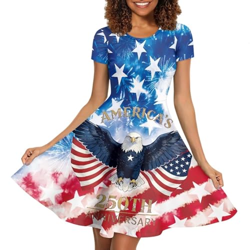 Image of POLERO Women Puffy Swing Elegant Party Midi Dresses Short Sleeve Round Neck A-Line Dress